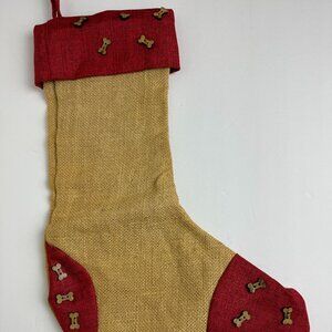NWOT Domain 100% Linen Burlap Christmas Stocking with Dog Bones 16”